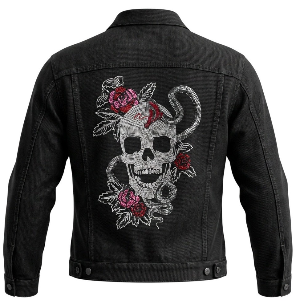 Carmar Black Denim Jacket Rhinestone Skull Snake Rose Distressed Studded Small